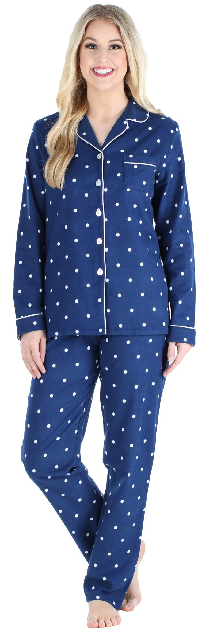 PajamaMania Womens Cotton Flannel Long Sleeve Button-Down Pajamas PJ Set, Navy Polka Dot, Small