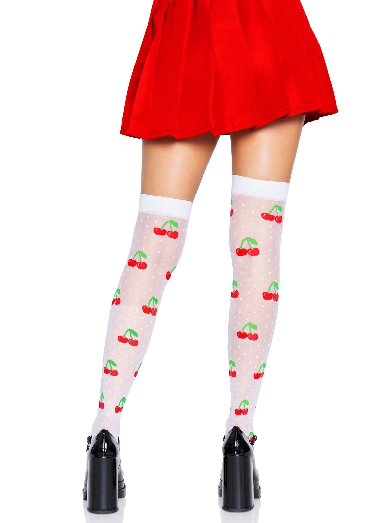 Spandex sheer polka dot cherry thigh highs.