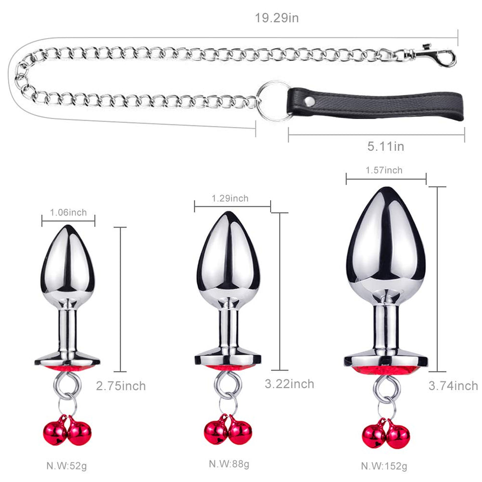 Anal Plug Trainer Kit, 3 PCS Metal Anal Butt Plugs, Jewelry Anal Trainer Sex Toys with Bell and Traction Chain for Beginners Adv