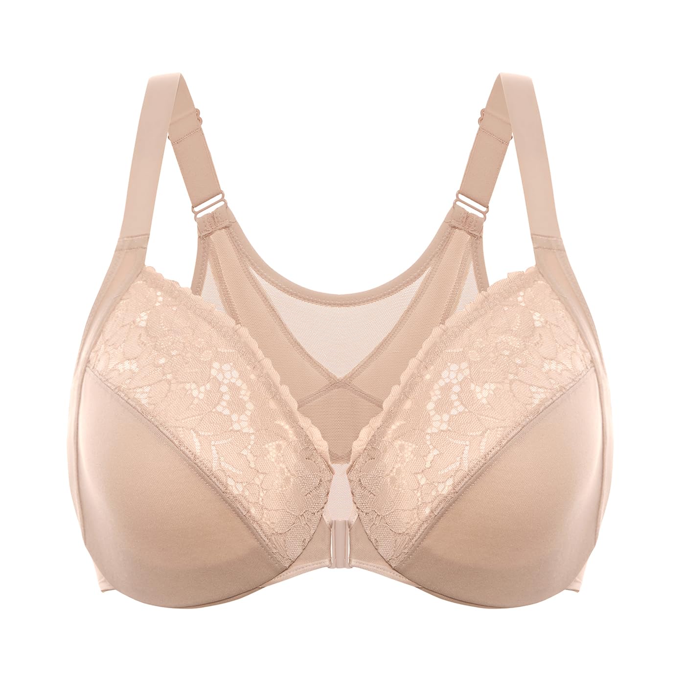 DELIMIRA Womens Front Closure Bras Posture Full Coverage Plus Size Lace Underwire Unlined Bra Beige 40DD