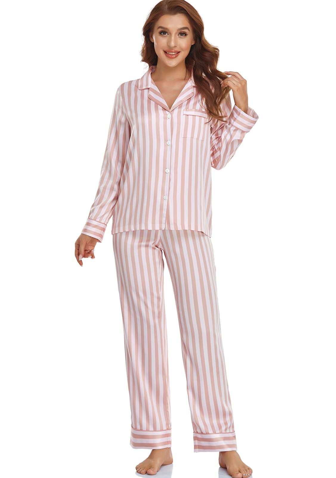 Serenedelicacy Womens Satin Pajama Set Long Sleeve Button Down Sleepwear 2-Piece Striped Silky Pj Set (X-Small, Rose Smoke/Pale