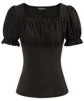 Dressy Casual Tops for Women Vintage Square Neck Ruffle Short Sleeve Peasant Blouse Black M