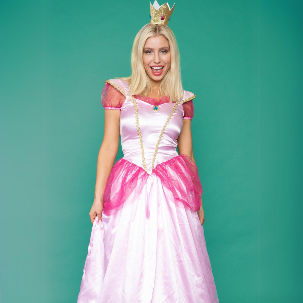 2Pc.Classic Pink Princess Long Satin Gown And Crown Headband Medium Pink