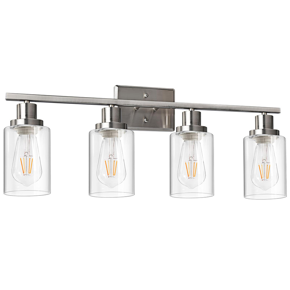 Ascher 4-Light 29.3'' Wall Sconces, Modern Vanity Light Fixture With Clear Glass Shade, Brushed Nickel Wall Light For Mirror Bed