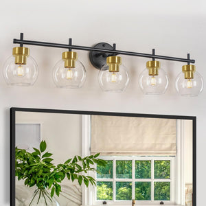 5-Light Black And Gold Vanity Light, Modern Bathroom Light Fixture Over Mirror, Mid Century Globe Wall Sconce Bathroom Lighting