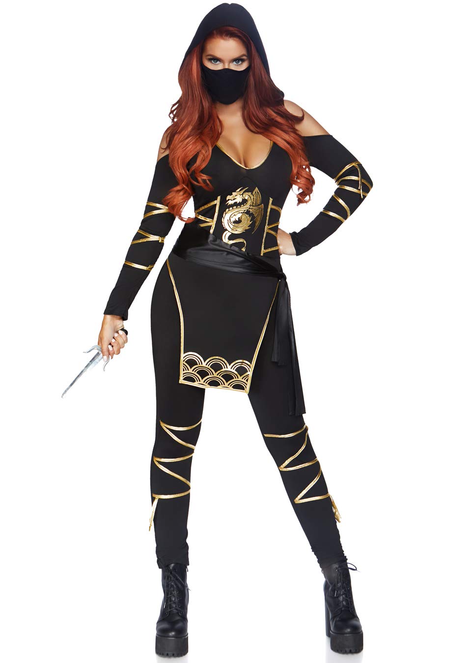 3Pc.Stealth Ninja,Hooded Catsuit,Waist Sash,And Face Mask Small Black/Gold