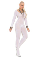 Elegant Moments Sheer Long Sleeve Bodystocking - O/S - White