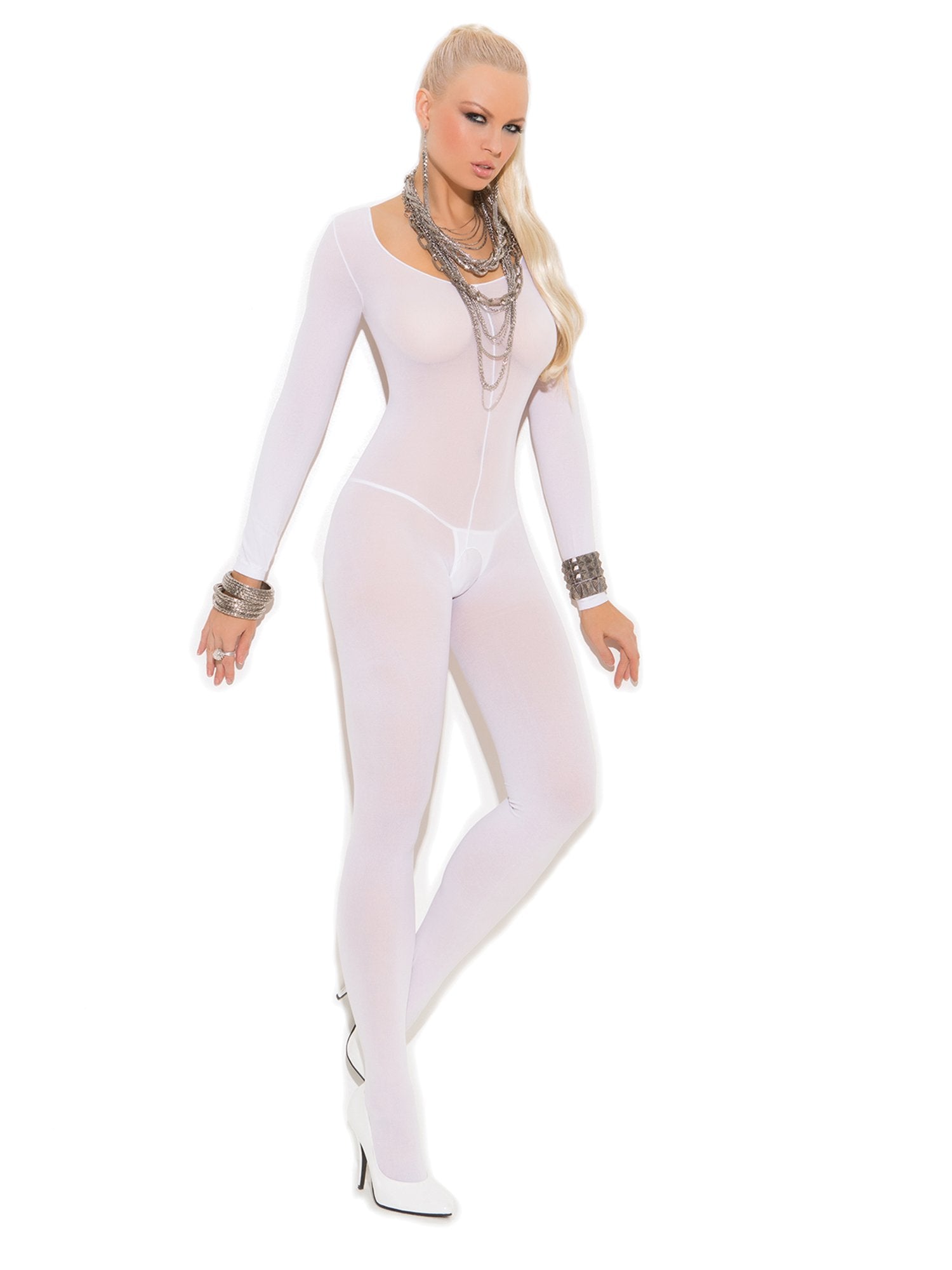 Elegant Moments Sheer Long Sleeve Bodystocking - O/S - White