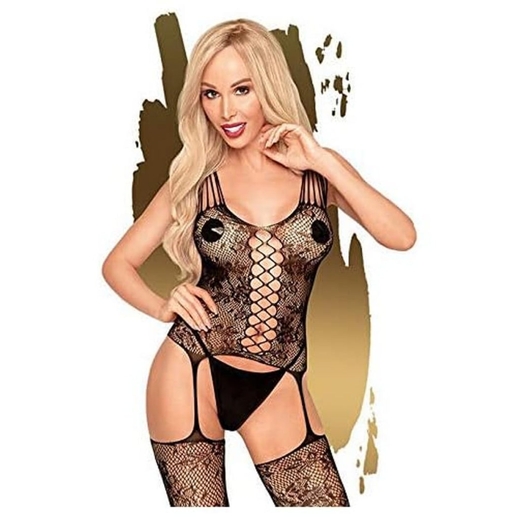 Penthouse Love Bud Lace Bodystocking With Criss Cross Top-Black X-Large-Boxed