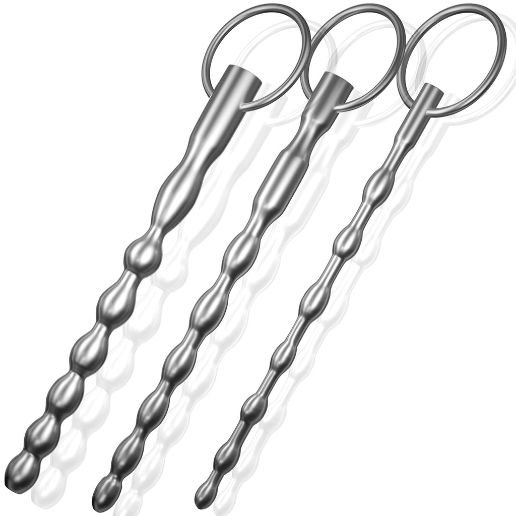 Urethral Sounds Set - 3 PCS Stainless Steel Bumpy Penis Plug Dilator with Safe Ring - Masturbation Rod Sex Toy for Men
