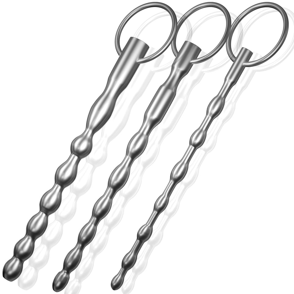 Urethral Sounds Set - 3 PCS Stainless Steel Bumpy Penis Plug Dilator with Safe Ring - Masturbation Rod Sex Toy for Men