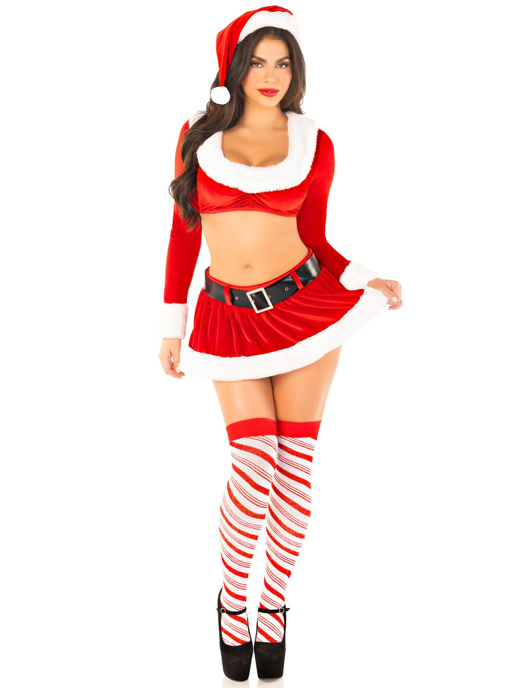 4 Pc Hoho Hottie, Includes Velvet Crop Top With Faux Fur Trim, Mini Skirt, Belt, And Santa Hat