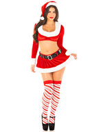 4 Pc Hoho Hottie, Includes Velvet Crop Top With Faux Fur Trim, Mini Skirt, Belt, And Santa Hat