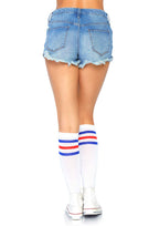 Leg Avenue Athletic Striped Knee Highs. White/Blue Color