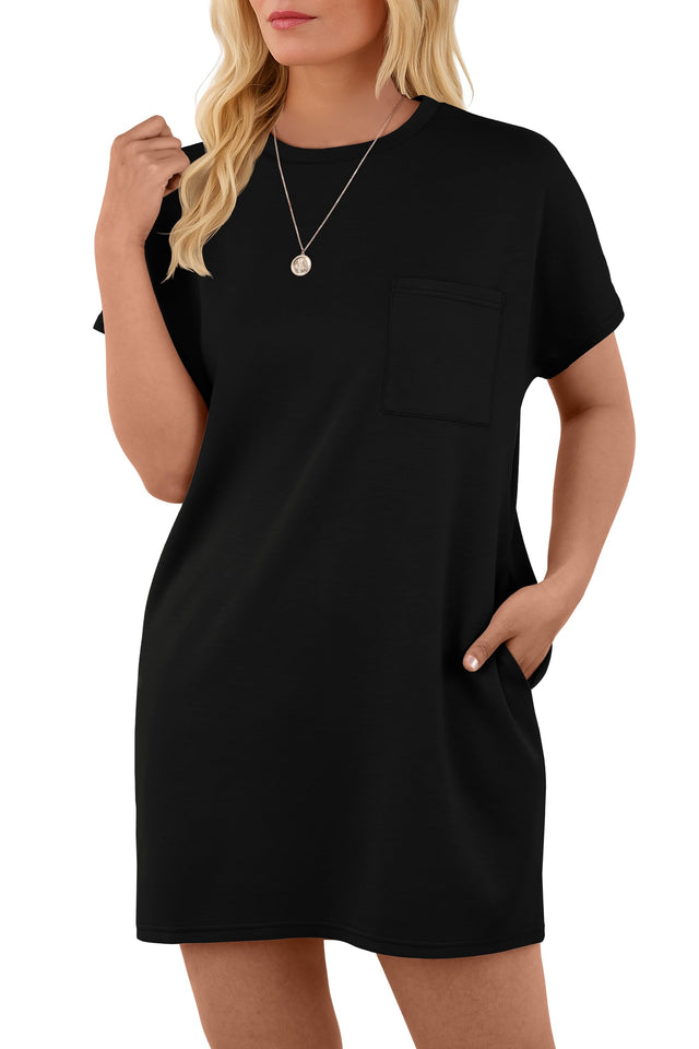 GRECERELLE Womens Casual Summer Dress Sleep Shirts with Pocket Mini Nightgowns for Women(Black,Large)