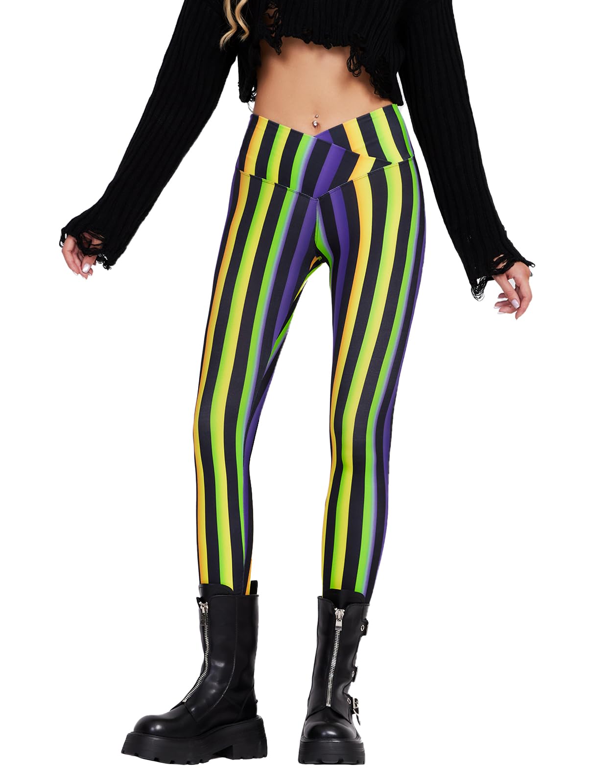 sissycos Women s Halloween Crossover Leggings High Waisted Buttery Soft Printed Tights (Stripe Yellow Black, Medium)