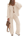 ZESICA Womens 2 Piece Outfits Lounge Pajama Sets 2026 Fall Long Sleeve Cardigans Wide Leg Pants Matching Winter Clothes,Apricot