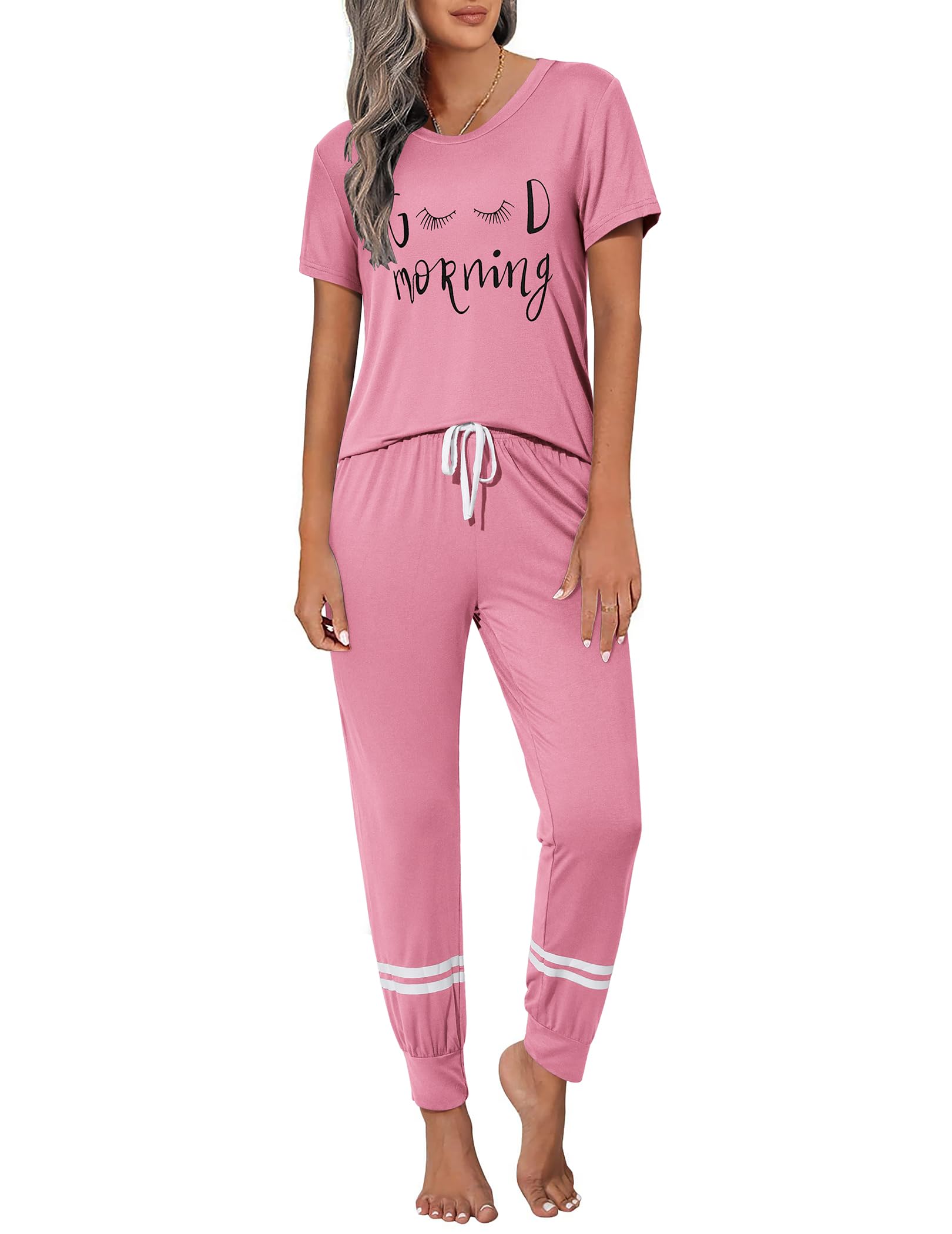 Ekouaer Womens Pajamas Set 2 Piece Lounge Pj Set Short Sleeve Sleepwear Tops with Joggers Pants Loungewear Print Nightwear Dark 