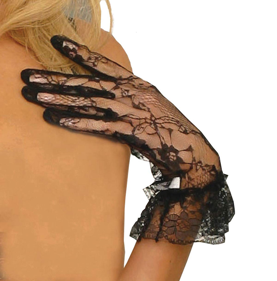Elegant Moments Womens Lace Wrist Length Gloves With Ruffle Trim, Black, One Size