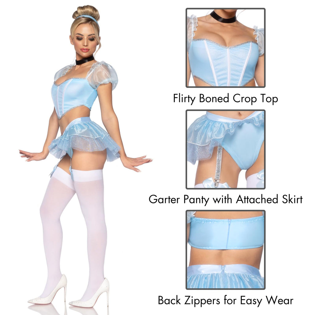 4 PC Glass Slipper Cinderella, includes boned sweetheart crop top with organza sleeves, garter panty with shimmer sheer skirt, r