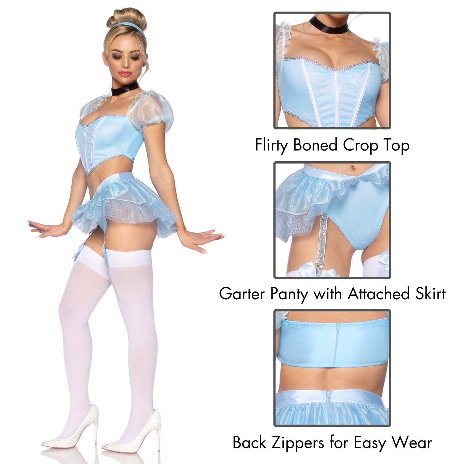 4 PC Glass Slipper Cinderella, includes boned sweetheart crop top with organza sleeves, garter panty with shimmer sheer skirt, r