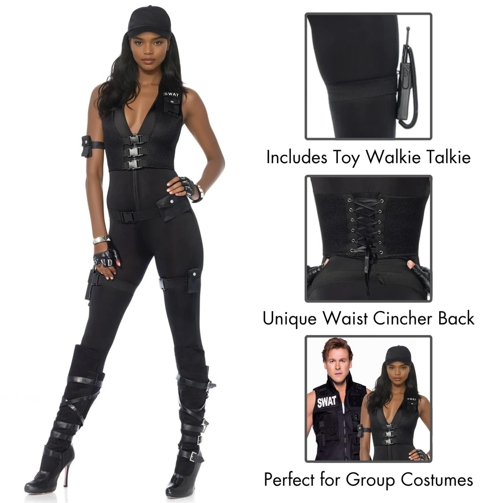 7Pc.Deluxe Swat Commander,Catsuit,Vest, Belt, Arm Strap,Garters,Walkie Talkie And Hat Small Black