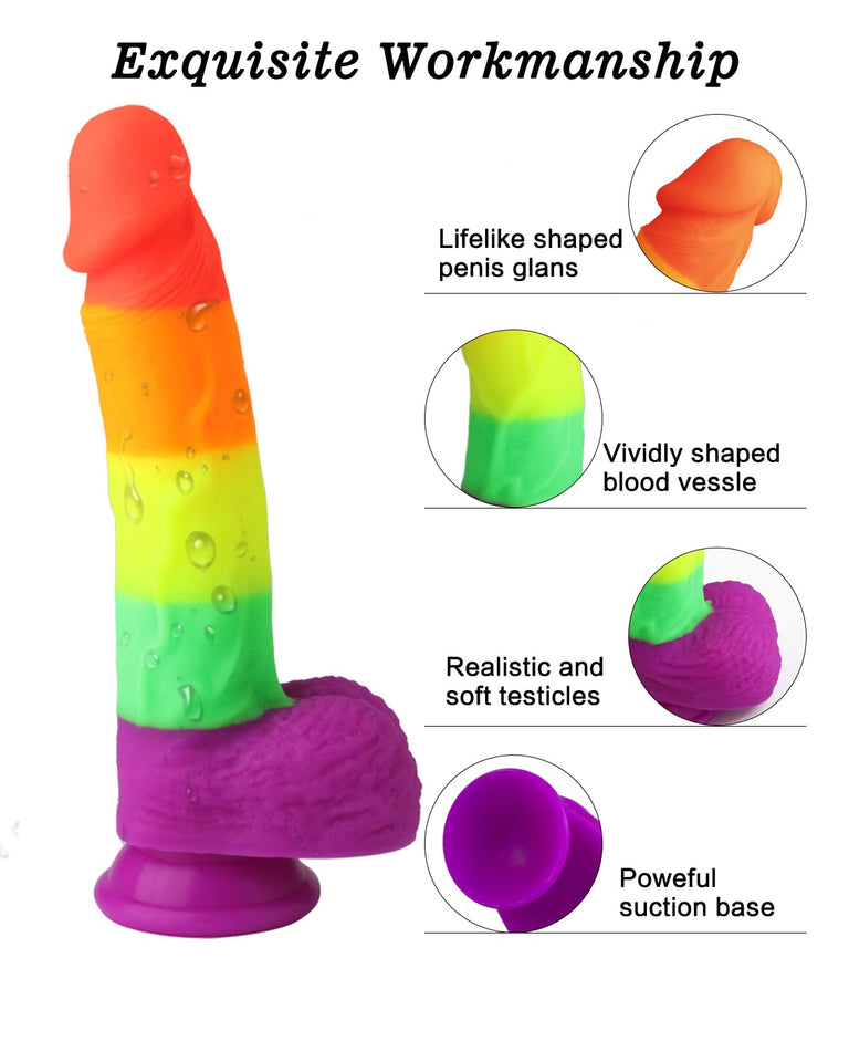 8.1 Inch Realistic Rainbow Dildo with Strong Suction Cap Base for Hands-Free Play, Ultra-Soft and Flexible Cock for G Spot Anal