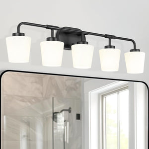 Audickic Bathroom Light Fixtures Over Mirror, 5-Light Matte Black Vanity Lighting Fixtures With Milk White Glass, 38Inch Farmhou