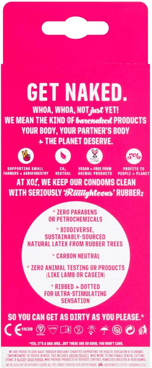 XO Hi-Sensation Righteous Rubber Condoms, PETA-Certified Vegan, Fairly-Traded Natural Latex, Ribbed and Dotted, Cruelty Free, Pa