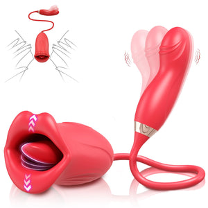 Vibrator Dildo Rose Sex Toy - 4 in 1 Tongue Toy for Women Clitoral Vibrator with 10 Tongue Licking & 10 Finger Vibrators Nipple