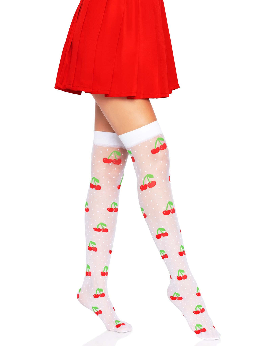 Spandex sheer polka dot cherry thigh highs.