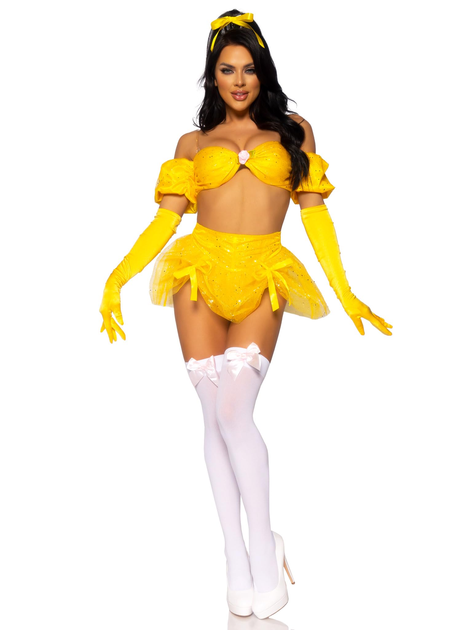 4 Pc Fairytale Beauty, Includes Glitter Shimmer Bra Top With Gathered Rosette Center And Puff Sleeves, High Waist Panty With Rib