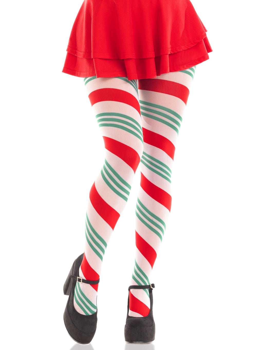 Leg Avenue Holiday ribbon striped tights. Green/Red Color