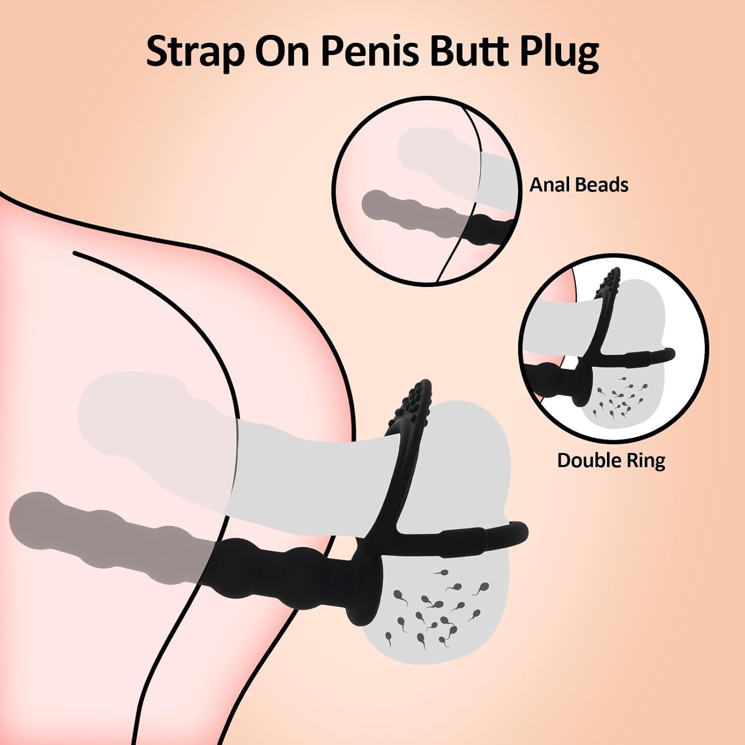 Silicone Anal Beads with Penis Ring,Silicone Anal Plug Strap On Anal Dildo,Anal Training Toys Anal Hook for Anal Play,Double Pen