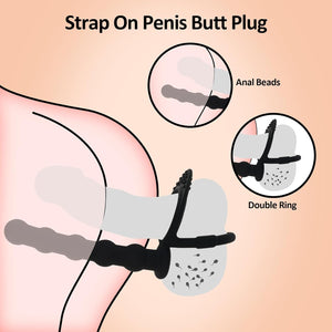 Silicone Anal Beads with Penis Ring,Silicone Anal Plug Strap On Anal Dildo,Anal Training Toys Anal Hook for Anal Play,Double Pen