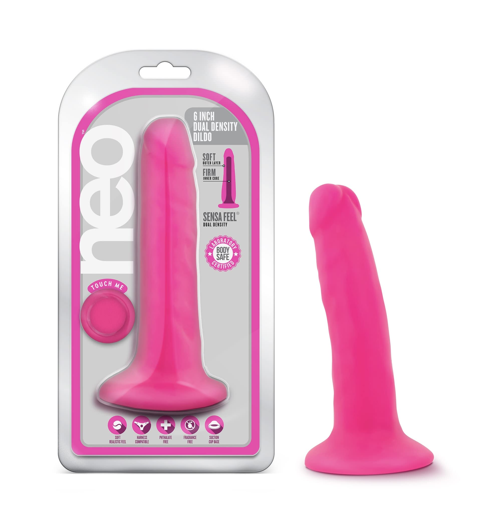 Blush Neo Realistic Neon Pink 6 Silicone Dildo, Dual Density Sensa Feel Soft PVC Suction Cup, Strap-On Compatible, Lifelike Slim