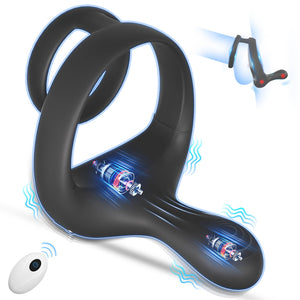 Vibrating Cock Ring Taint Stimulator, Silicone Pleasure Penis Ring Vibrator Couples Adult Sex Toys for Men, Dual Motors 9 Vibrat