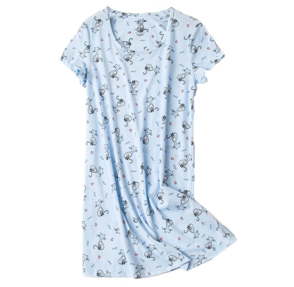 PNAEONG Women s Cotton Nightgown Sleepwear Short Sleeves Shirt Casual Print Sleepdress XTSY108-Little Cats-S