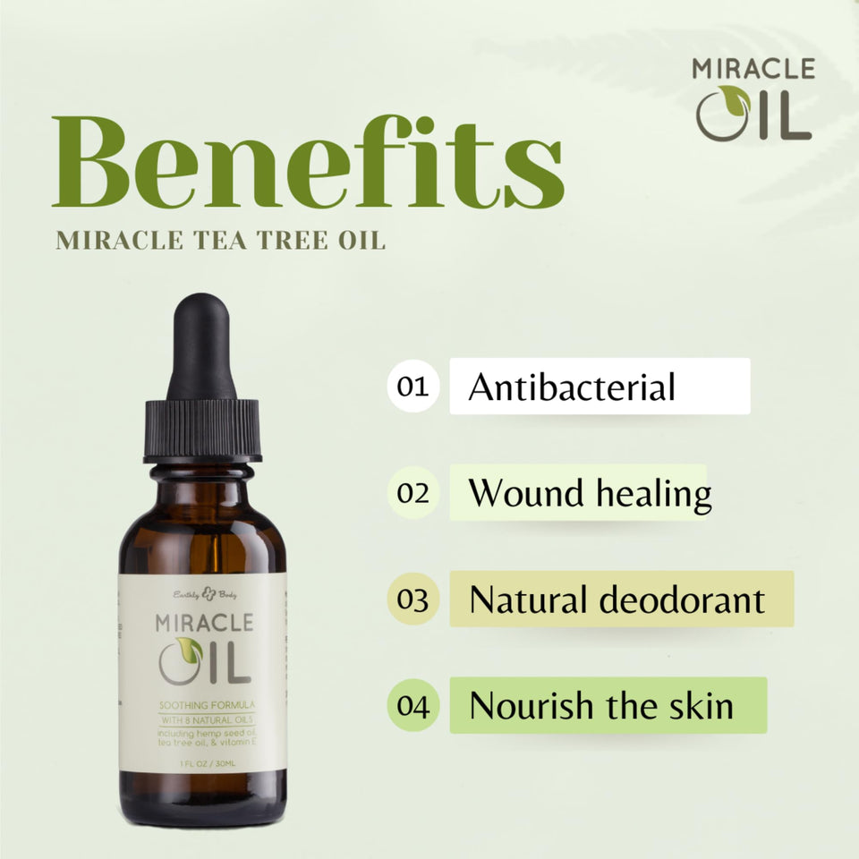 Earthly Body Miracle Oil, 1 fl. oz. - 2 Pack - 100% Natural Tea Tree Oil, Hemp Seed Oil & Vitamin E - Moisturizer, Calms Skin Ir