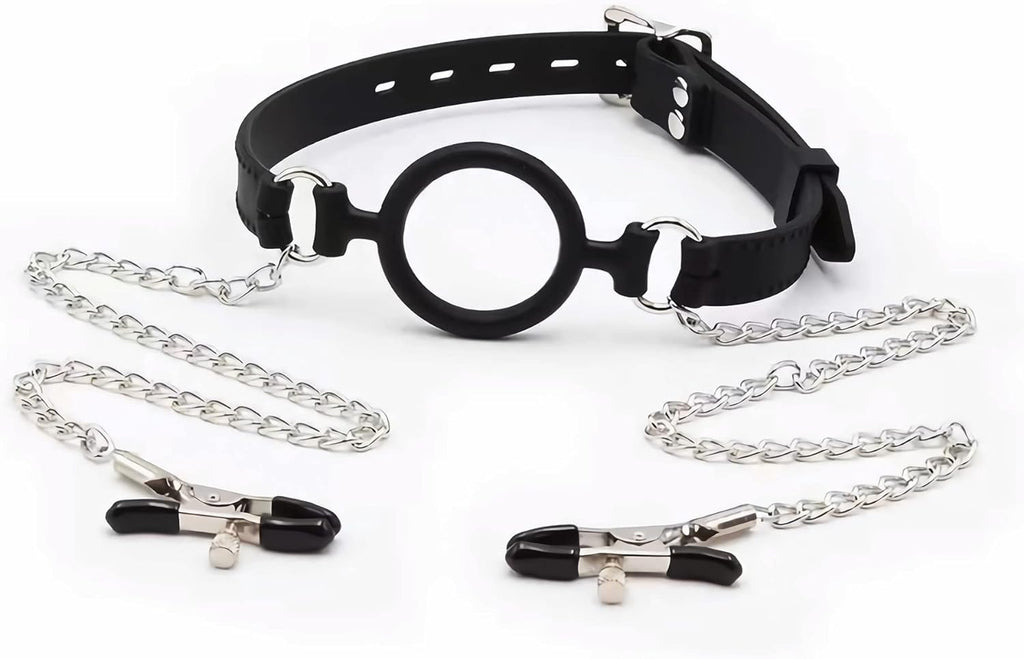 Silicone Gag with Nipple Clamps Adult BDSM Sex Bondage Toy Adjustable Mouth Gag Nipple Clamps Fetish Gag Bondage Women Sex Toy