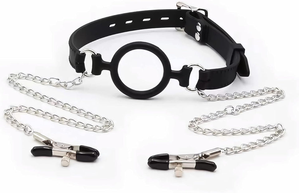Silicone Gag with Nipple Clamps Adult BDSM Sex Bondage Toy Adjustable Mouth Gag Nipple Clamps Fetish Gag Bondage Women Sex Toy