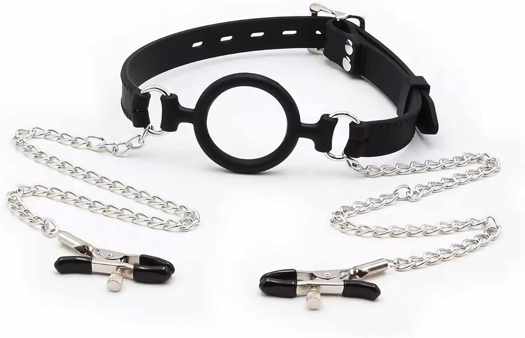 Silicone Gag with Nipple Clamps Adult BDSM Sex Bondage Toy Adjustable Mouth Gag Nipple Clamps Fetish Gag Bondage Women Sex Toy