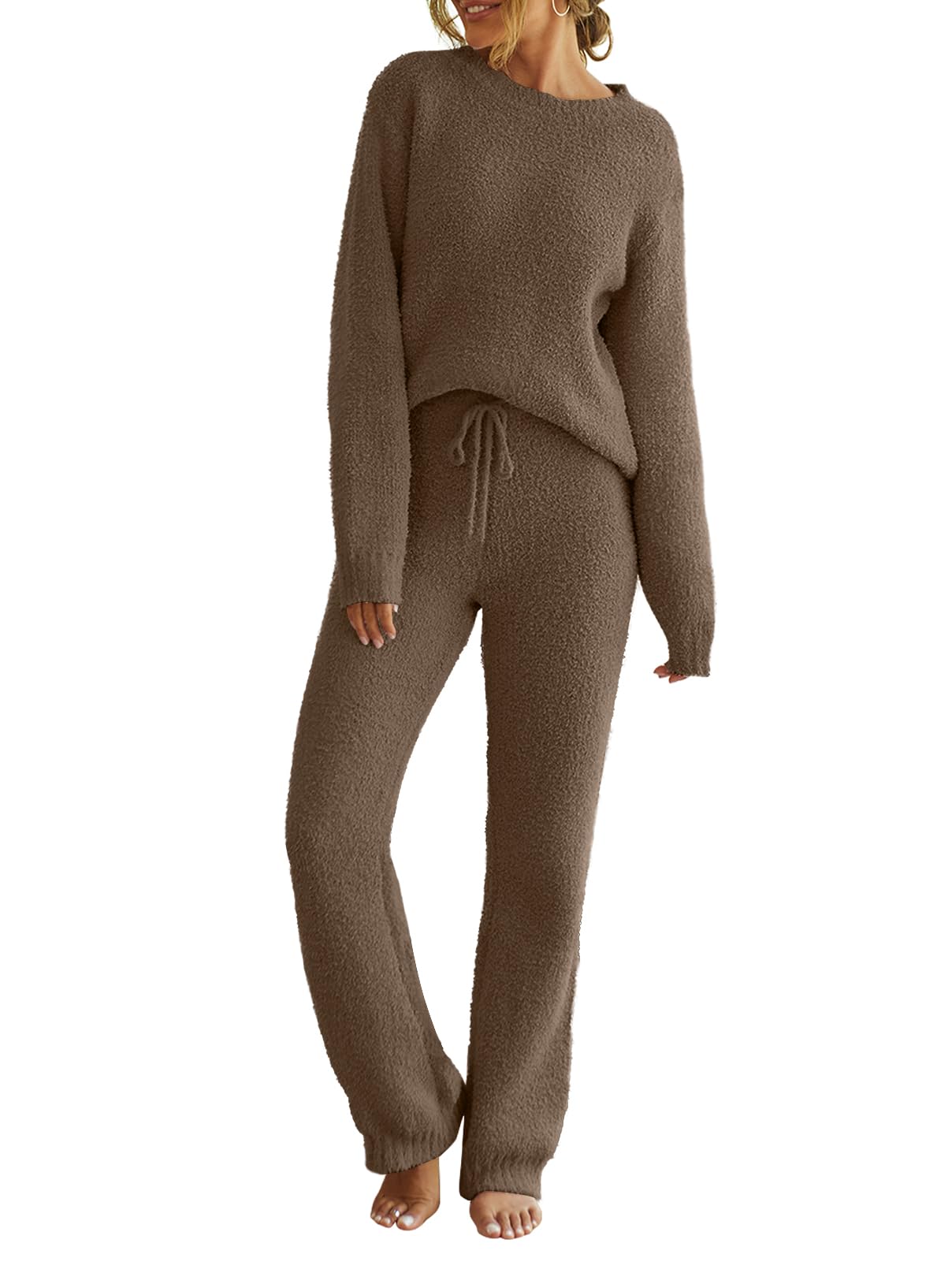 MEROKEETY Womens Pajama Sets 2026 Fall Lounge Sweater Set Cute Fuzzy Fleece 2 Piece Long Sleeve Cozy Winter Pj Outfits, Coffee, 