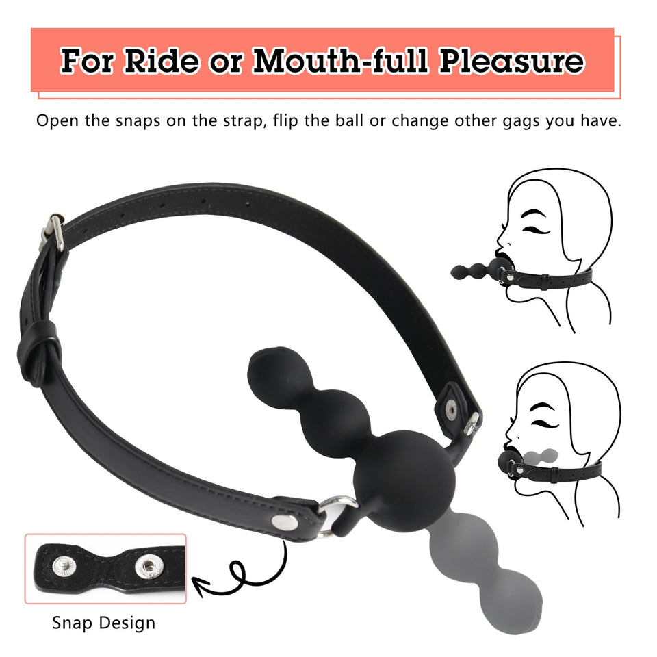 BDSM Ball Gag Sex Play, Bondage Gags & Muzzle with Beads, Silicone Mouth Gag with Removable Leather Straps, Sex Gag Face Dildo K
