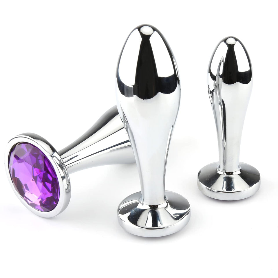 Anal Butt Plug, 3Pcs Set Safety Metal Anal Butt Plug Sex Toys with Crystal Diamond Beginner Anal Toys for Adult Unisex (Purple)