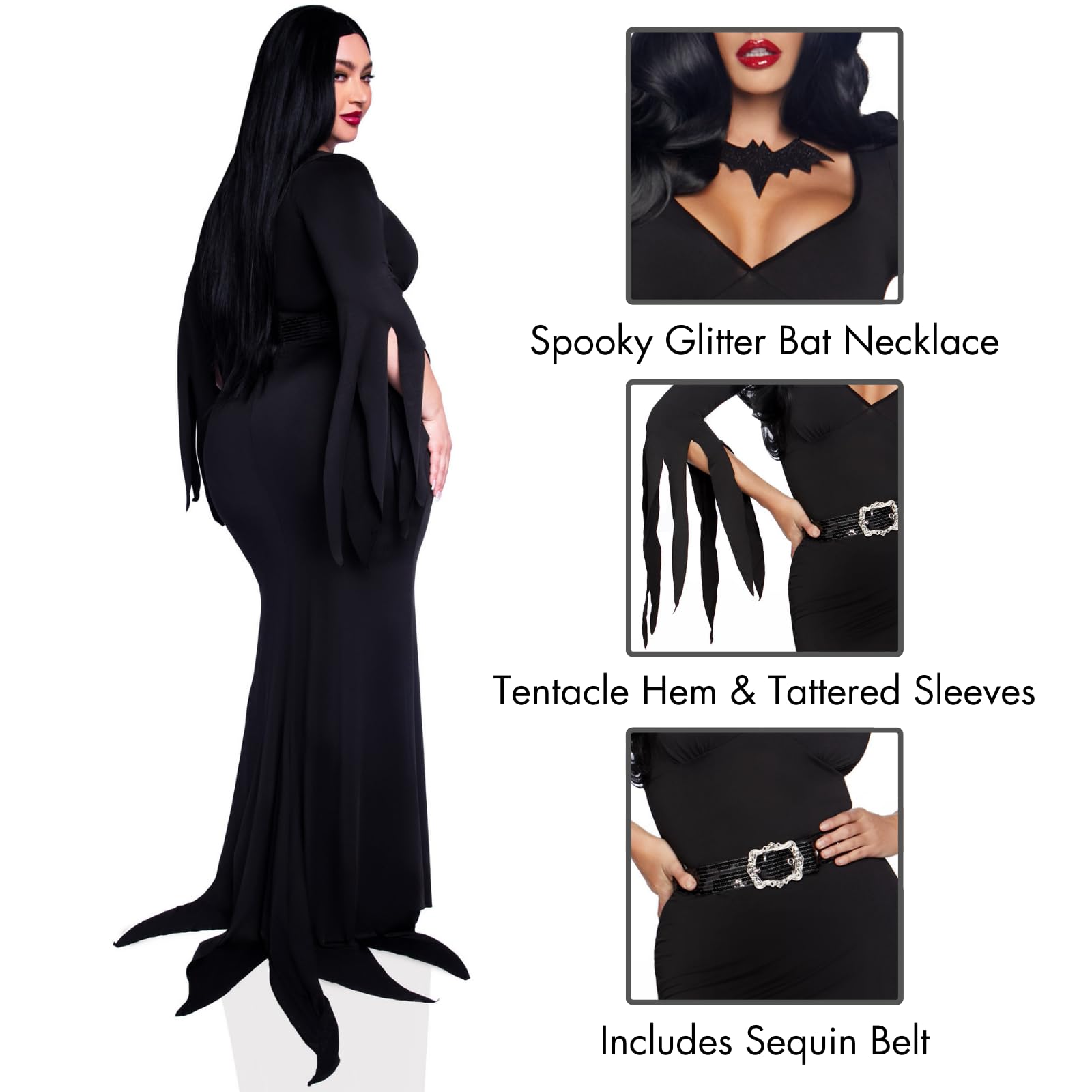 3 Pc Immortal Mistress, Includes Deep-V Body Hugging Dress With Classic Tentacle Hem And Tattered Sleeves, Sequin Belt, And Glit
