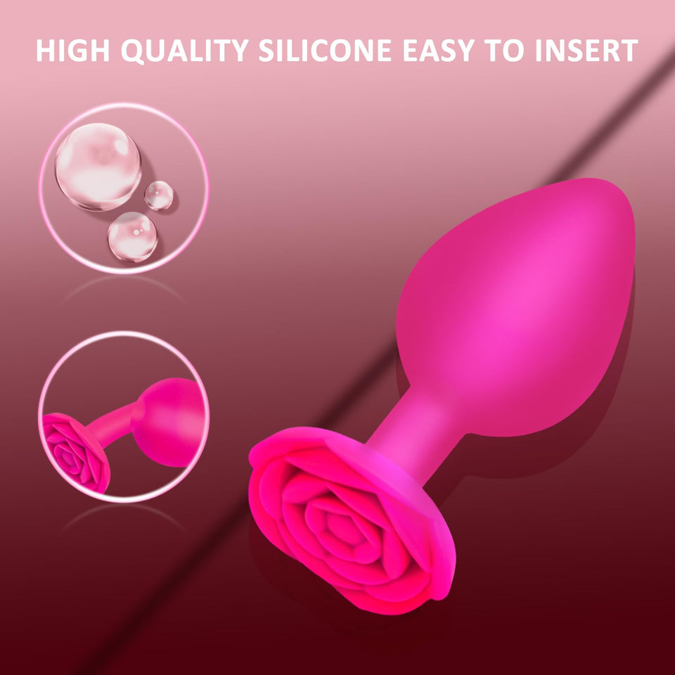 Anal Butt Plug Rose Sex Toy, 3Pcs Silicone Anal Plugs Training Set,Training Set with Flared Base Prostate Sex Toys for Beginners