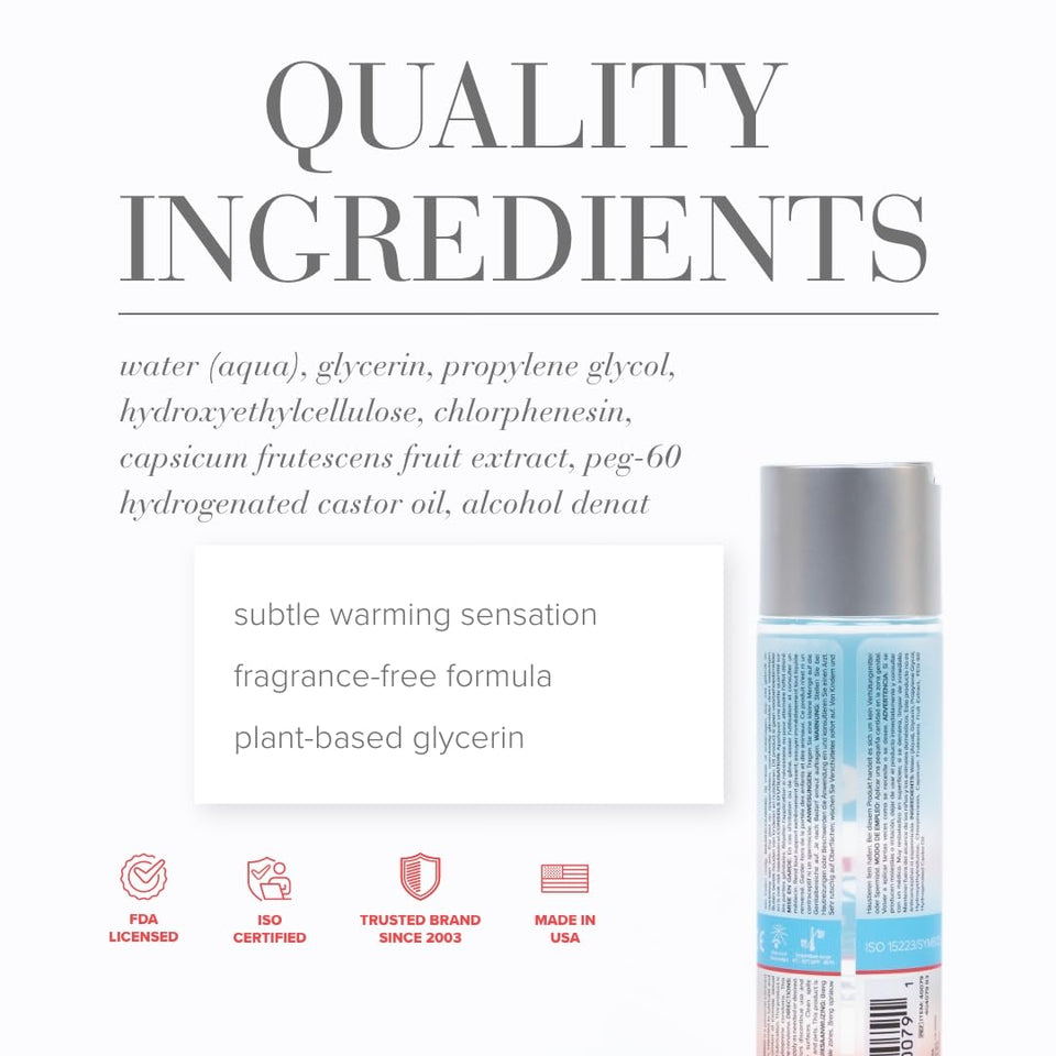 Jo H2O Water Based Warming Personal Lubricant 4 Ounce Lube For Men Women And Couples (Plant Sourced Glycerin And Free Of Fragrance)
