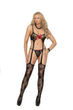 Elegant Moments Lace Suspender Bodystocking Embellished With Bows And Matching G-String. Em-1332 Black
