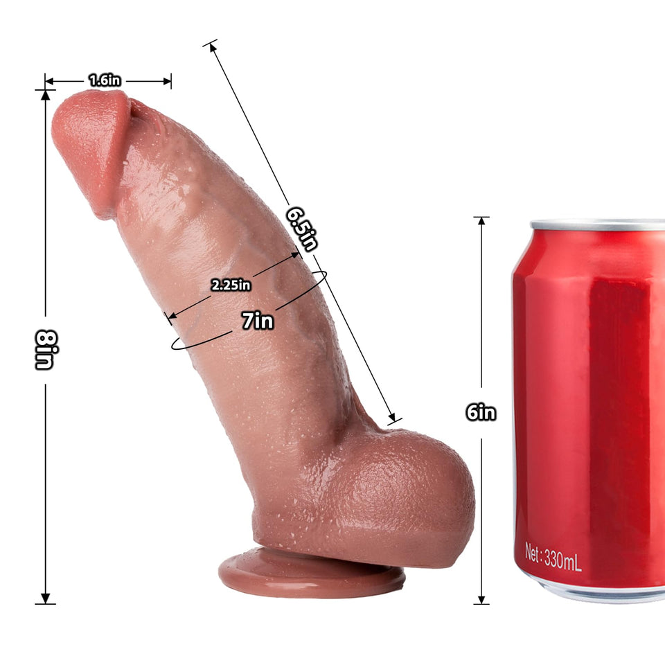 8 '' Real Skin Huge Thick Girthy Dildo - Big Giant Curved Dildo with Suction Cup, Soft Wide Dual Density Dildos, XL Large Fat An